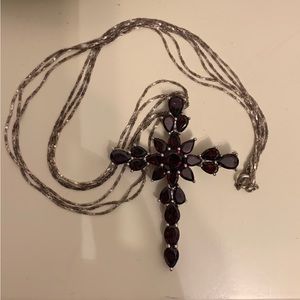 SIRLANKA STERLING SILVER 925 PYROPE GARNET CROSS  PENDANT NECKLACE